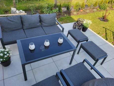 Grafitowy zestaw mebli metalowych na taras Sodor Dining + pufy - Dark Grey