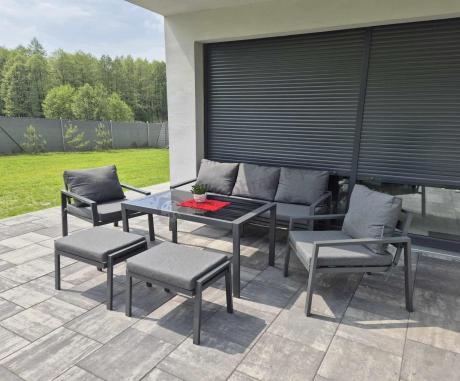 Grafitowy zestaw mebli metalowych na taras Sodor Dining + pufy - Dark Grey