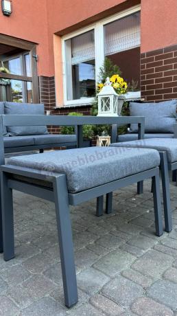 Grafitowy zestaw mebli metalowych na taras Sodor Dining + pufy - Dark Grey