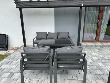 Grafitowy zestaw mebli metalowych na taras Sodor Dining + pufy - Dark Grey