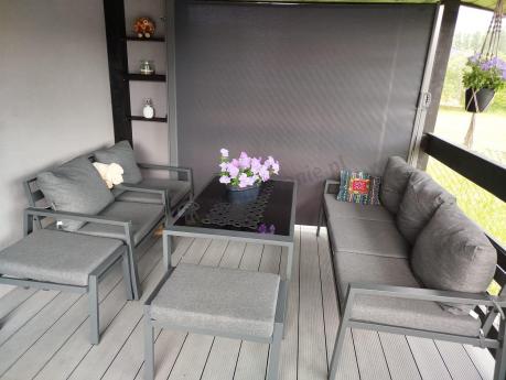 Grafitowy zestaw mebli metalowych na taras Sodor Dining + pufy - Dark Grey