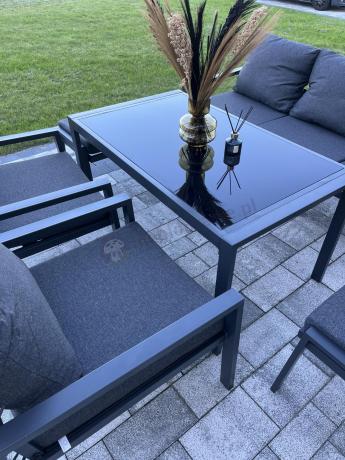 Grafitowy zestaw mebli metalowych na taras Sodor Dining + pufy - Dark Grey