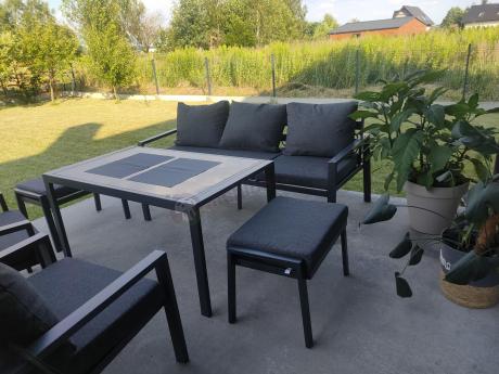 Grafitowy zestaw mebli metalowych na taras Sodor Dining + pufy - Dark Grey