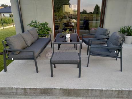 Grafitowy zestaw mebli metalowych na taras Sodor Dining + pufy - Dark Grey