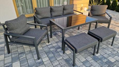 Grafitowy zestaw mebli metalowych na taras Sodor Dining + pufy - Dark Grey