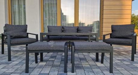 Grafitowy zestaw mebli metalowych na taras Sodor Dining + pufy - Dark Grey