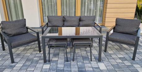 Grafitowy zestaw mebli metalowych na taras Sodor Dining + pufy - Dark Grey