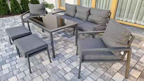 Grafitowy zestaw mebli metalowych na taras Sodor Dining + pufy - Dark Grey