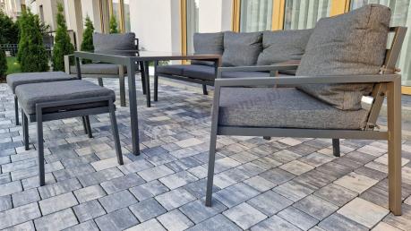 Grafitowy zestaw mebli metalowych na taras Sodor Dining + pufy - Dark Grey