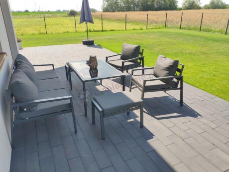 Grafitowy zestaw mebli metalowych na taras Sodor Dining + pufy - Dark Grey
