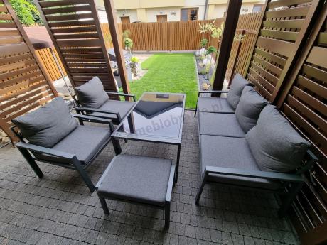 Grafitowy zestaw mebli metalowych na taras Sodor Dining + pufy - Dark Grey