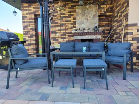 Grafitowy zestaw mebli metalowych na taras Sodor Dining + pufy - Dark Grey