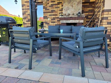 Grafitowy zestaw mebli metalowych na taras Sodor Dining + pufy - Dark Grey