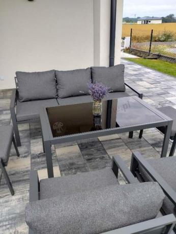 Grafitowy zestaw mebli metalowych na taras Sodor Dining + pufy - Dark Grey