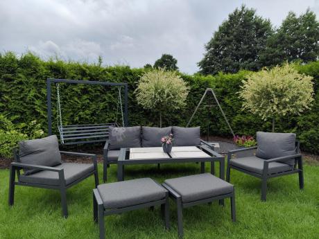 Grafitowy zestaw mebli metalowych na taras Sodor Dining + pufy - Dark Grey