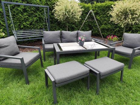 Grafitowy zestaw mebli metalowych na taras Sodor Dining + pufy - Dark Grey