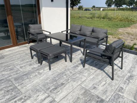 Grafitowy zestaw mebli metalowych na taras Sodor Dining + pufy - Dark Grey