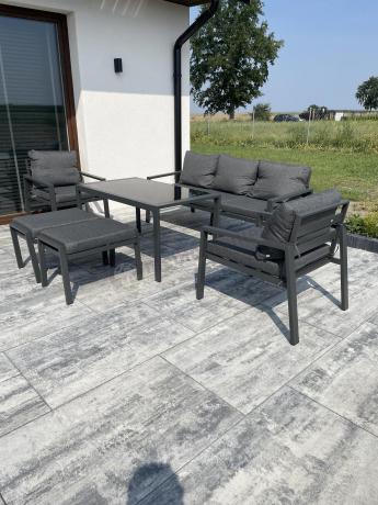 Grafitowy zestaw mebli metalowych na taras Sodor Dining + pufy - Dark Grey