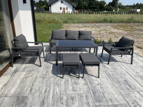 Grafitowy zestaw mebli metalowych na taras Sodor Dining + pufy - Dark Grey