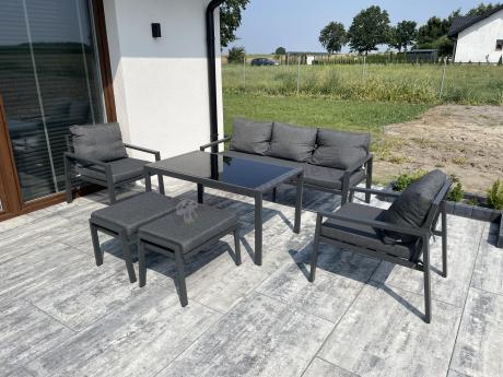 Grafitowy zestaw mebli metalowych na taras Sodor Dining + pufy - Dark Grey