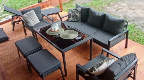 Grafitowy zestaw mebli metalowych na taras Sodor Dining + pufy - Dark Grey