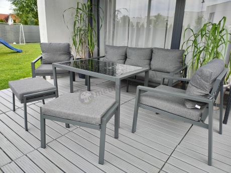 Grafitowy zestaw mebli metalowych na taras Sodor Dining + pufy - Dark Grey