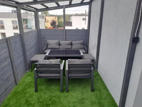 Grafitowy zestaw mebli metalowych na taras Sodor Dining + pufy - Dark Grey