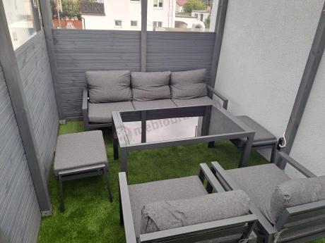 Grafitowy zestaw mebli metalowych na taras Sodor Dining + pufy - Dark Grey