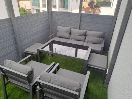 Grafitowy zestaw mebli metalowych na taras Sodor Dining + pufy - Dark Grey