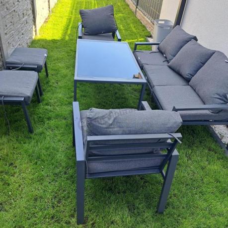 Grafitowy zestaw mebli metalowych na taras Sodor Dining + pufy - Dark Grey