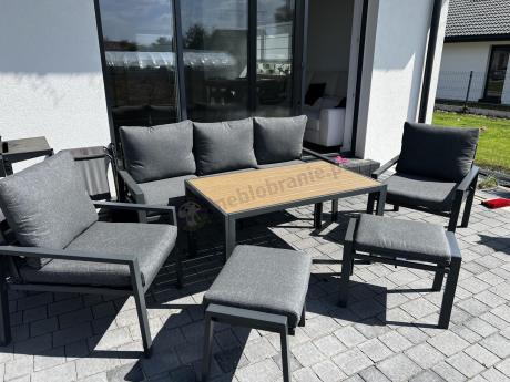 Grafitowy zestaw mebli metalowych na taras Sodor Dining + pufy - Dark Grey Polywood