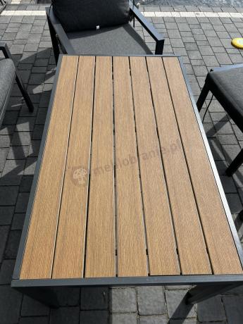 Grafitowy zestaw mebli metalowych na taras Sodor Dining + pufy - Dark Grey Polywood