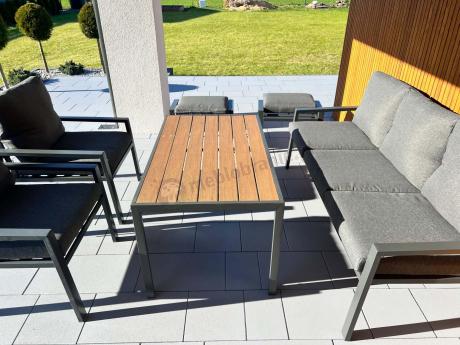 Grafitowy zestaw mebli metalowych na taras Sodor Dining + pufy - Dark Grey Polywood