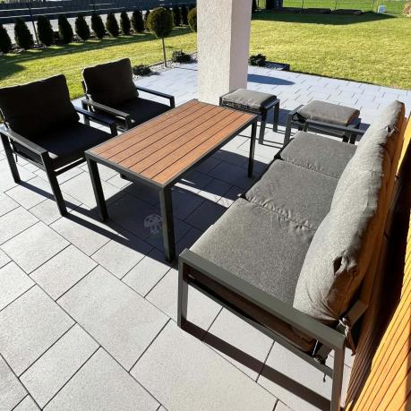 Grafitowy zestaw mebli metalowych na taras Sodor Dining + pufy - Dark Grey Polywood