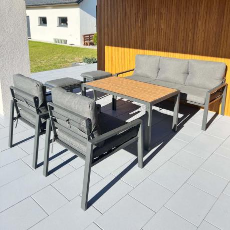 Grafitowy zestaw mebli metalowych na taras Sodor Dining + pufy - Dark Grey Polywood