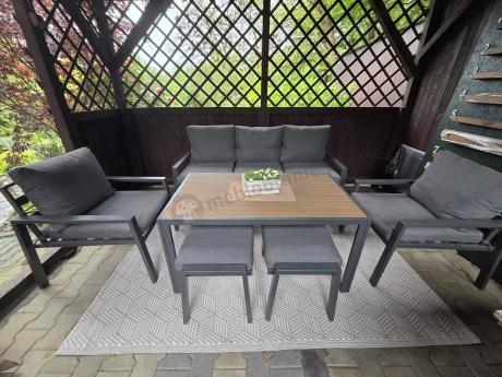 Grafitowy zestaw mebli metalowych na taras Sodor Dining + pufy - Dark Grey Polywood