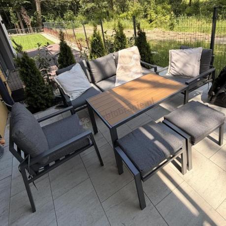 Grafitowy zestaw mebli metalowych na taras Sodor Dining + pufy - Dark Grey Polywood