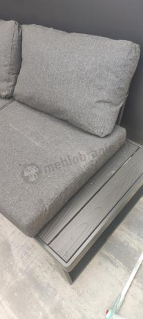 Grafitowy zestaw mebli na taras - narożnik modułowy, wysoki stół, fotele i pufy - Panaon Corner XXL - DG