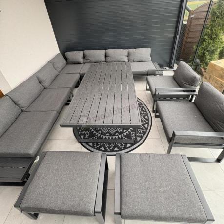 Grafitowy zestaw mebli na taras - narożnik modułowy, wysoki stół, fotele i pufy - Panaon Corner XXL - DG