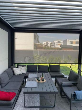 Grafitowy zestaw mebli na taras - narożnik modułowy, wysoki stół, fotele i pufy - Panaon Corner XXL - DG