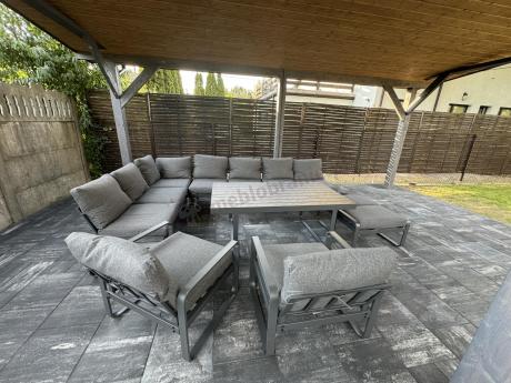 Grafitowy zestaw mebli na taras - narożnik modułowy, wysoki stół, fotele i pufy - Panaon Corner XXL - DG