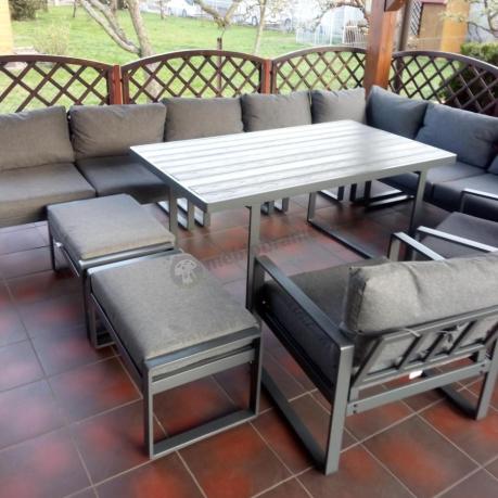 Grafitowy zestaw mebli na taras - narożnik modułowy, wysoki stół, fotele i pufy - Panaon Corner XXL - DG