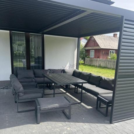 Grafitowy zestaw mebli na taras - narożnik modułowy, wysoki stół, fotele i pufy - Panaon Corner XXL - DG
