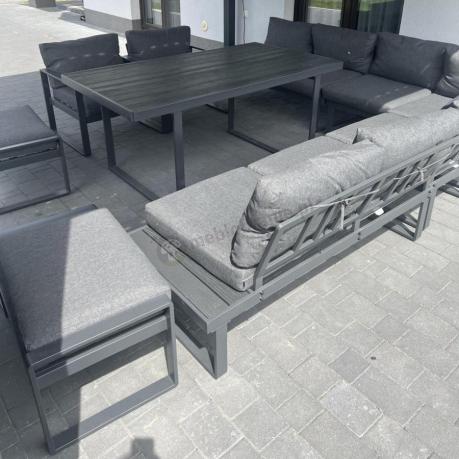 Grafitowy zestaw mebli na taras - narożnik modułowy, wysoki stół, fotele i pufy - Panaon Corner XXL - DG
