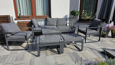 Grafitowy zestaw mebli na taras - sofa 175cm, 2 fotele i 2 pufy - Panaon Dining DG