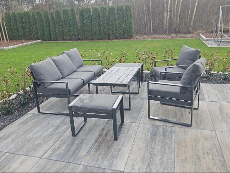 Grafitowy zestaw mebli na taras - sofa 175cm, 2 fotele i 2 pufy - Panaon Dining DG