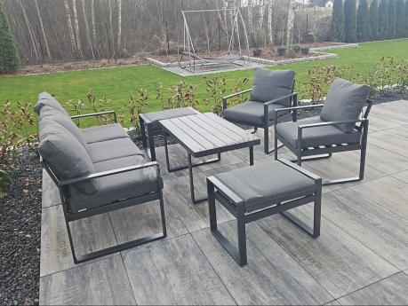 Grafitowy zestaw mebli na taras - sofa 175cm, 2 fotele i 2 pufy - Panaon Dining DG