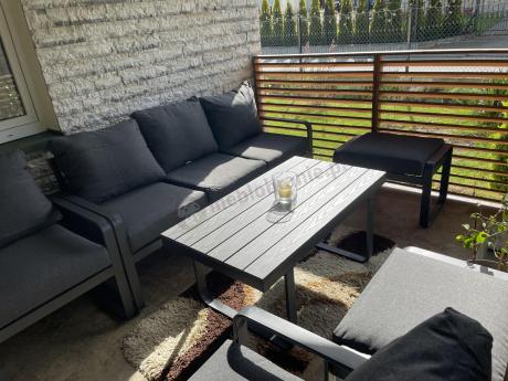 Grafitowy zestaw mebli na taras - sofa 175cm, 2 fotele i 2 pufy - Panaon Dining DG