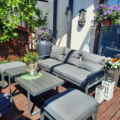 Grafitowy zestaw mebli na taras - sofa 175cm, 2 fotele i 2 pufy - Panaon Dining DG