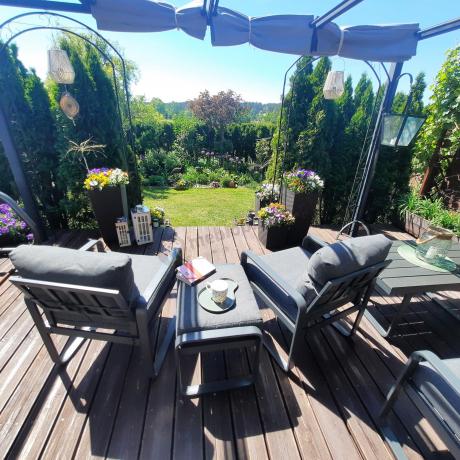 Grafitowy zestaw mebli na taras - sofa 175cm, 2 fotele i 2 pufy - Panaon Dining DG